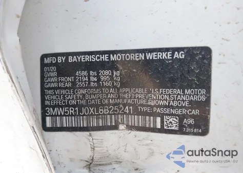 2020 BMW 330I z USA, uszkodzony, nr VIN 3MW5R1J0XL8B25241